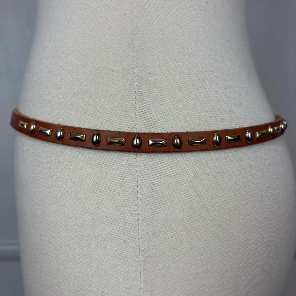 Light Brown Tan Leather Belt Goldtone‎ Silvertone Studded Skinny Belt Bohemian